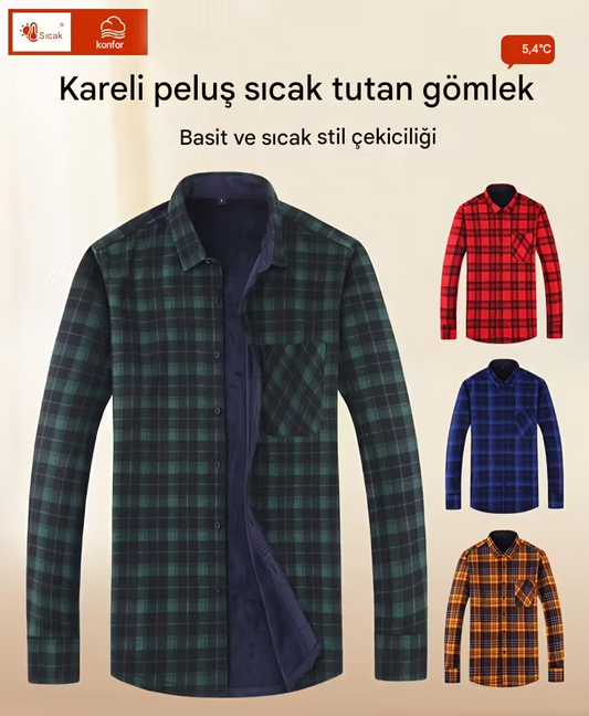 Erkekler için sıcak tutan, polar astarlı kalın günlük gömlek