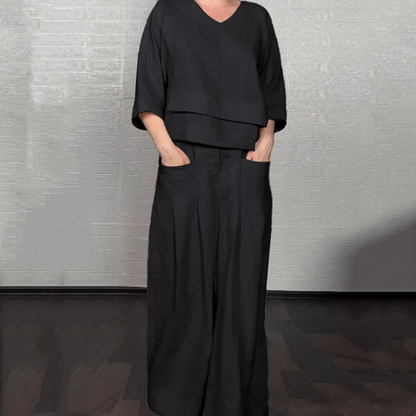 Kadınlar için düzensiz etek ucu ve kısa kollu, pamuklu ve keten iki parçalı rahat takım