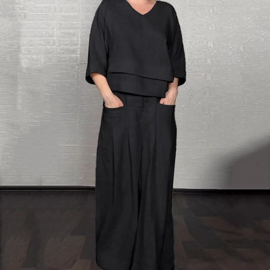 Kadınlar için düzensiz etek ucu ve kısa kollu, pamuklu ve keten iki parçalı rahat takım