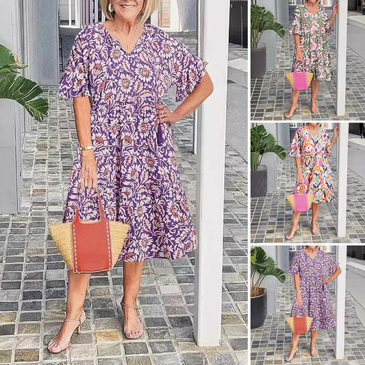 🌸V yakalı baskılı midi elbise