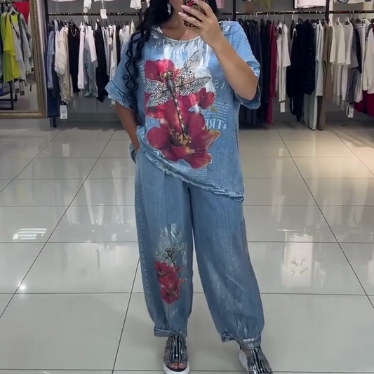 🌺Baskılı üst ve pantolondan oluşan kadın kot takımı