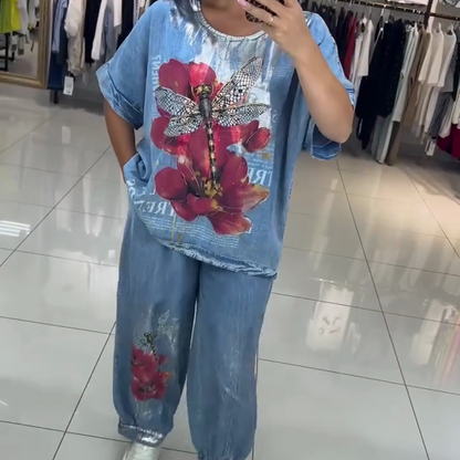 🌺Baskılı üst ve pantolondan oluşan kadın kot takımı